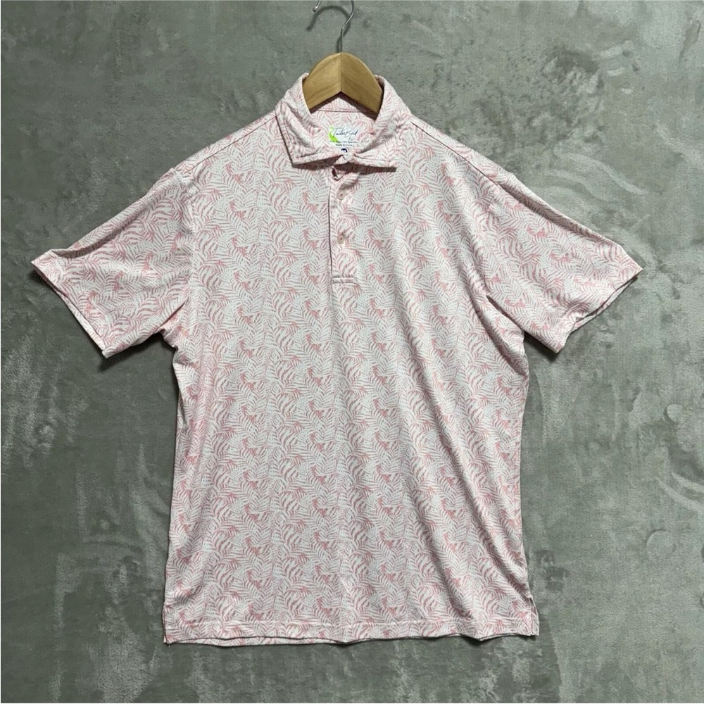 EUC TailorByrd Men’s Medium White Pink Leaf Print Golf Polo Short Sleeve Shirt